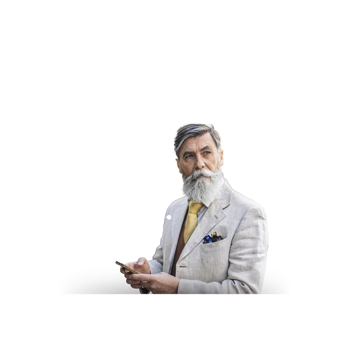 older man in suit with demographic data in background