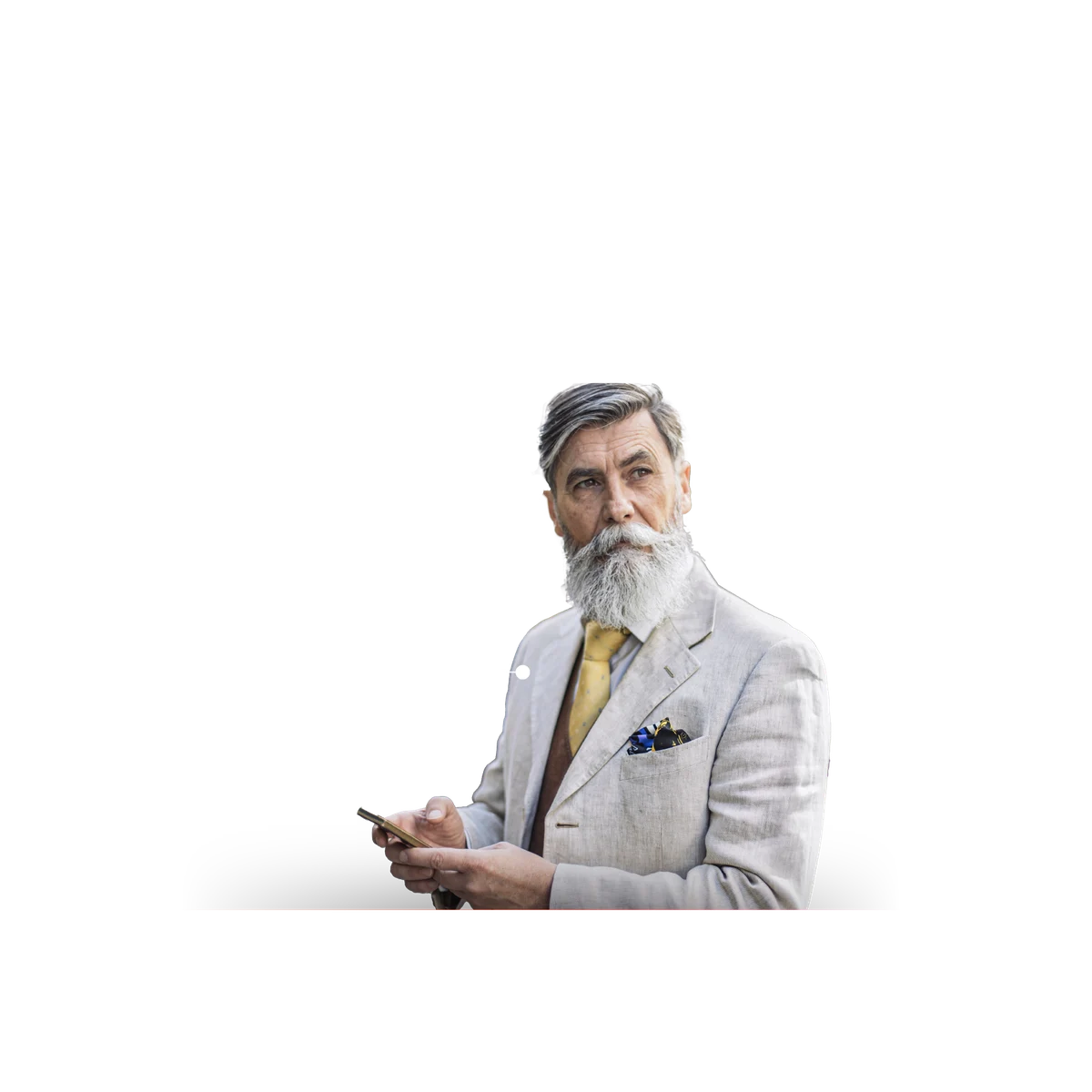 older man with beard and survey insights in the background
