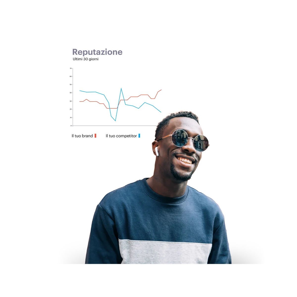man in blue t-shirt and sunglasses with research data behind him