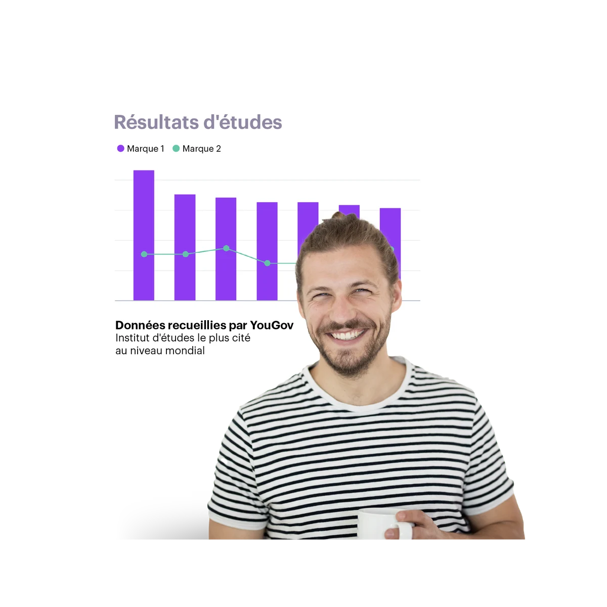 man in t-shirt with stripes and a results chart in the background